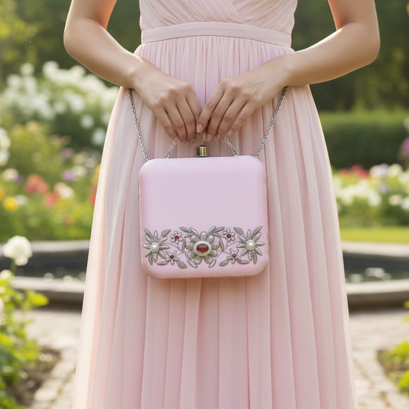 Pink Square Shape Hand Clutch with Floral Embroidery, Handmade Embroidered Hand Clutch for Women 1 Gemini Generated Image 1tkpe41tkpe41tkp