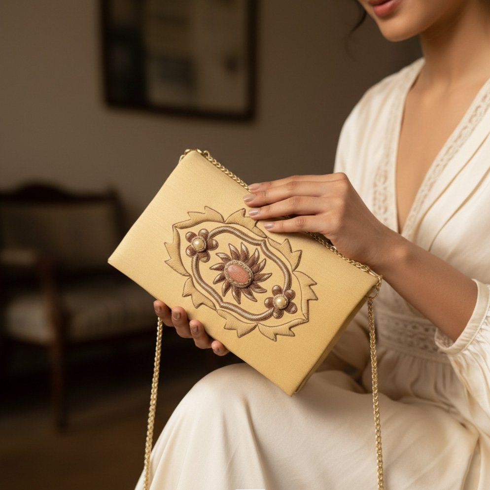 Golden Treasure: Hand-Embroidered Silk Bag Adorned with Pearls and Gems 1 Gemini Generated Image 21y6u021y6u021y6