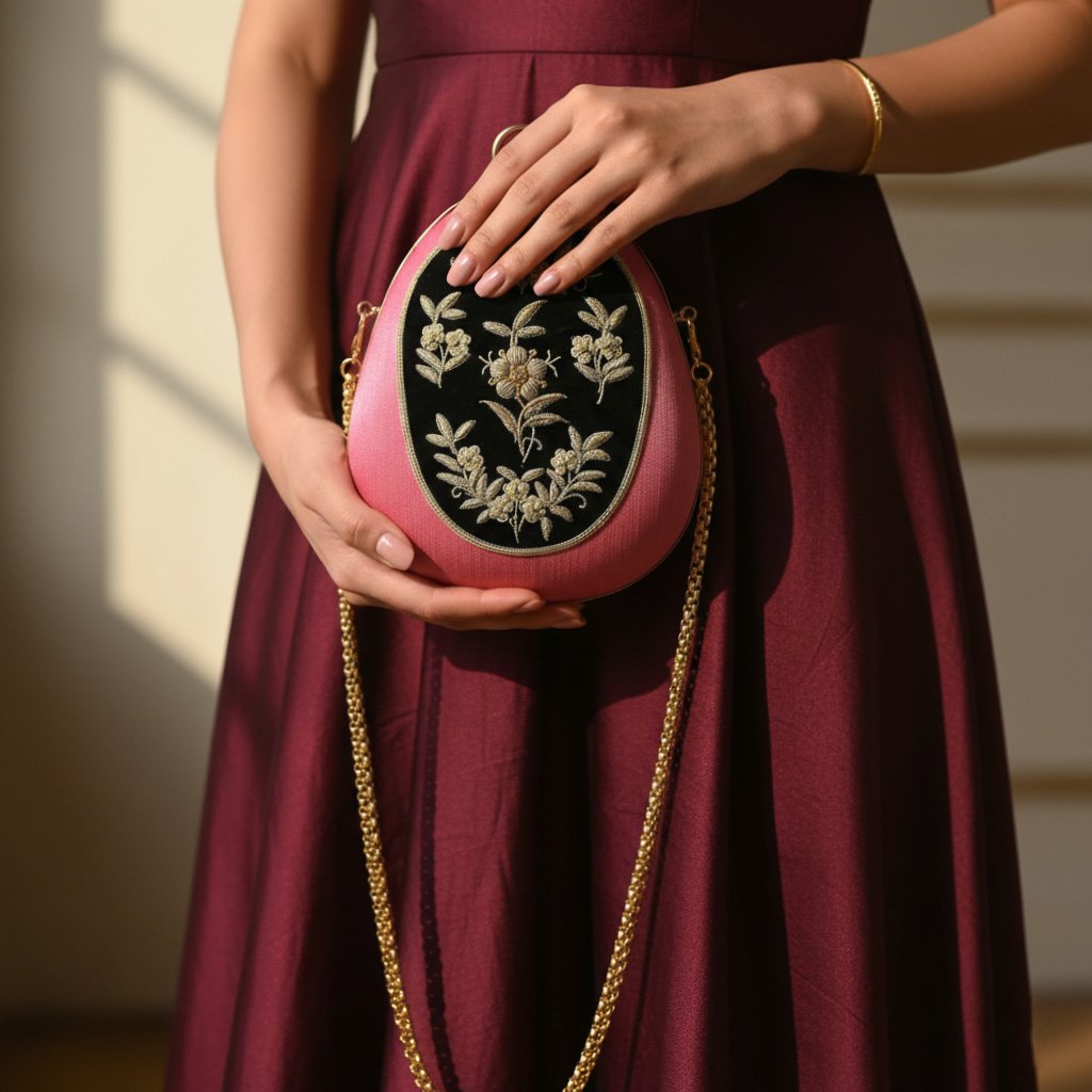 Whimsical Blossoms: Pink Balloon Silk Clutch with Floral Hand Embroidery 1 Gemini Generated Image 441tu1441tu1441t