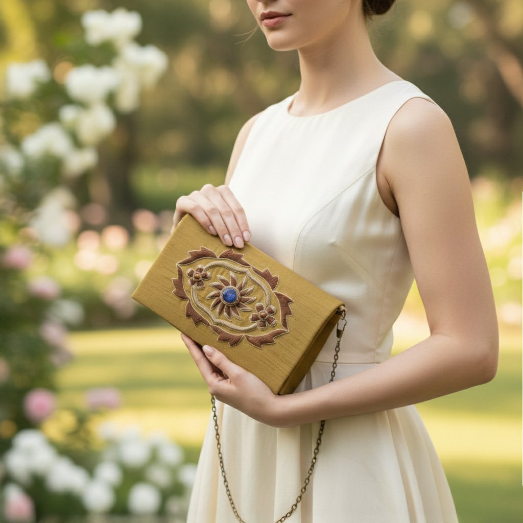 Golden Elegance: Antique Silk Fold Over Bag with Tiger's Eye and Lapis Lazuli Gemstones 1 Gemini Generated Image 4udf6s4udf6s4udf