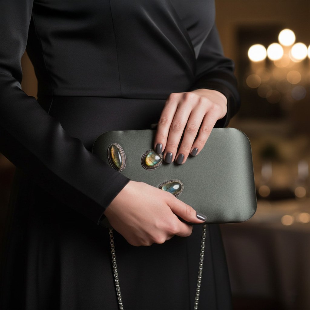 Opulent Gray Satin Clutch Bag with Zari Work, Gray Satin Handbag with Labradorite Stone 1 Gemini Generated Image mprfw9mprfw9mprf