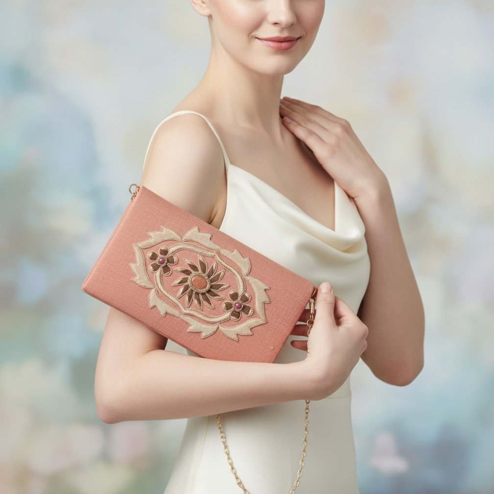 Radiant Coral Silk Flap Bag: Hand-Embroidered Elegance with Sand Stone and Onyx Gemstone Glamour 1