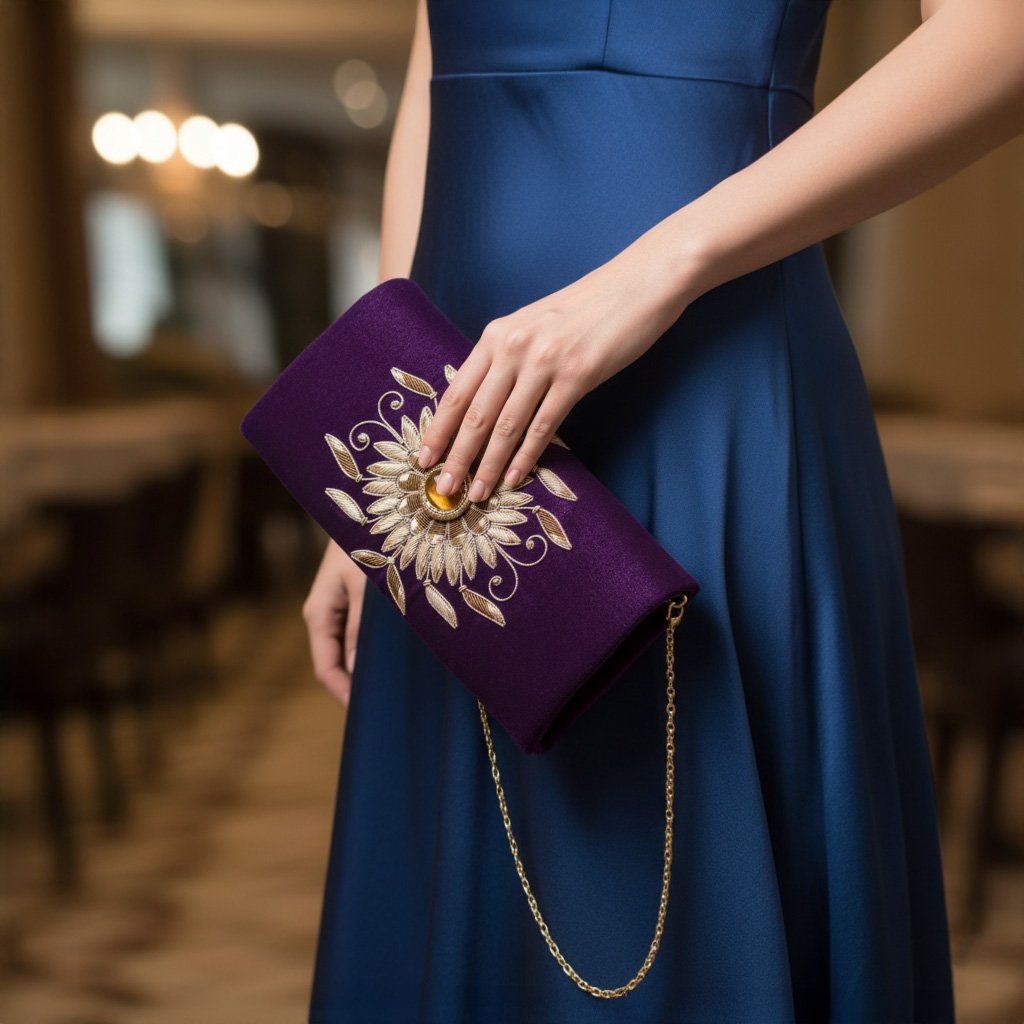 Royal Elegance: Hand-Embroidered Purple Flap Bag with Tiger Eye Gemstone Accent 1 Gemini Generated Image p67aa4p67aa4p67a