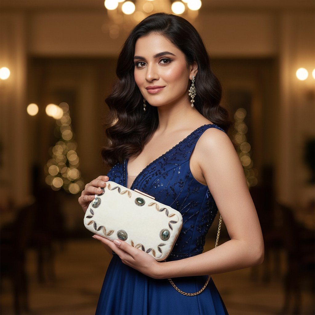 Opulent White Velvet Clutch: Floral Embroidery & Agate Gemstone Elegance 1 Gemini Generated Image pwwfu2pwwfu2pwwf