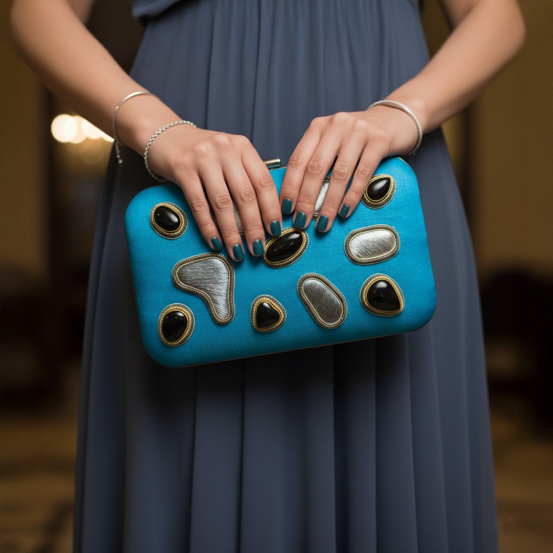 Royal Blue Elegance: Silk Embroidered Hand Clutch with Onyx Gemstone Sparkle 1 Gemini Generated Image tus86etus86etus8