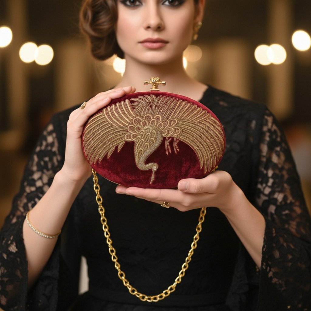 Oval Shape Clutch bag with Swan Hand Embroidery Over Velvet Base ,Indian ethnic clutch bag 1 Gemini Generated Image w2rsskw2rsskw2rs