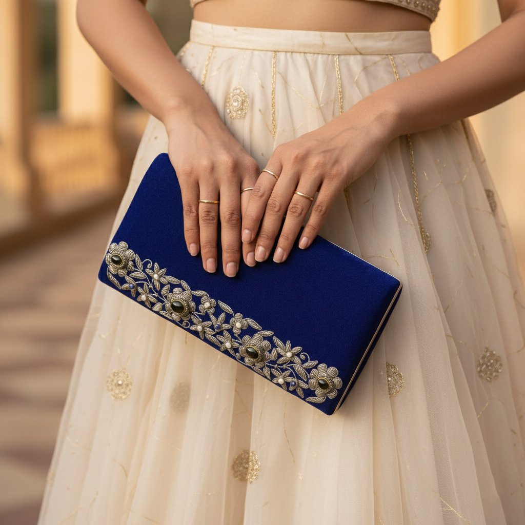 Regal Radiance: Royal Blue Hand Clutch Adorned with Black Star, Pearl, and Onyx Gemstones 1 b bags 3