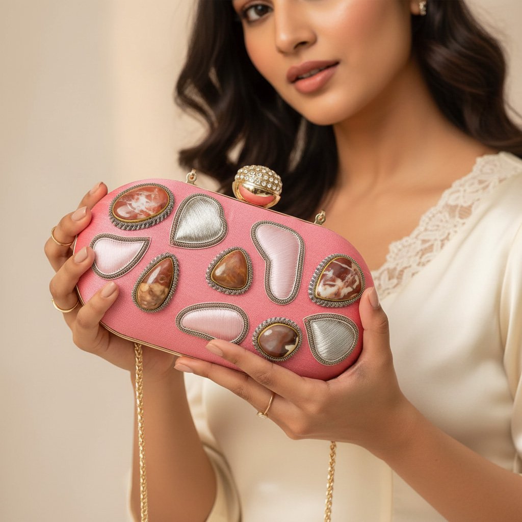 Radiant Pink Elegance: Hand Clutch Embroidered with Metallic Threads and Agate Gemstones 1 Gemini Generated Image 8skrgg8skrgg8skr