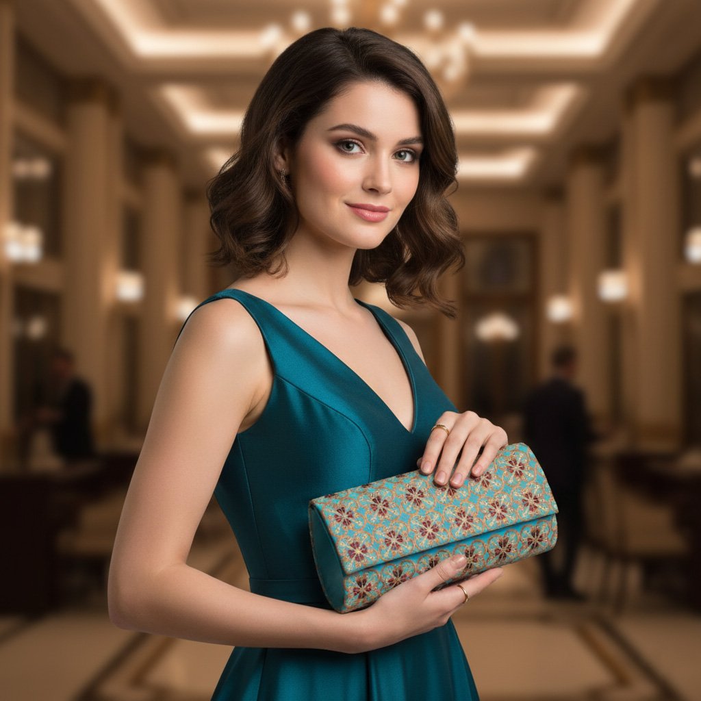 Handmade Turquoise Hand Bag embellished with Hand Embroidered Patterns, Attractive Evening Clutch for Women 1 Gemini Generated Image 9opgjw9opgjw9opg