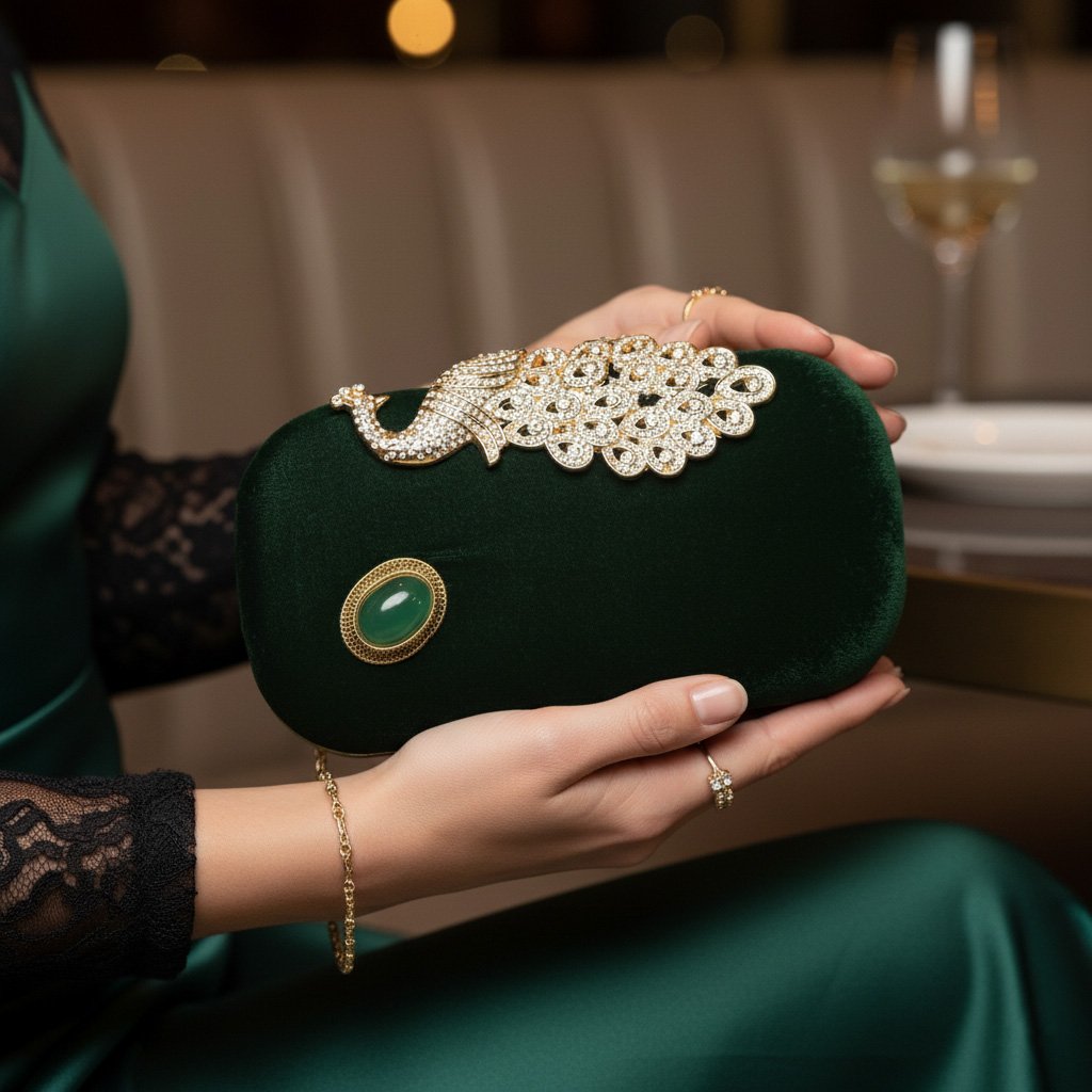 Peacock Majesty: Oval Green Velvet Hand Clutch Adorned with Onyx Gemstone Frame 1 Gemini Generated Image vtjclvvtjclvvtjc