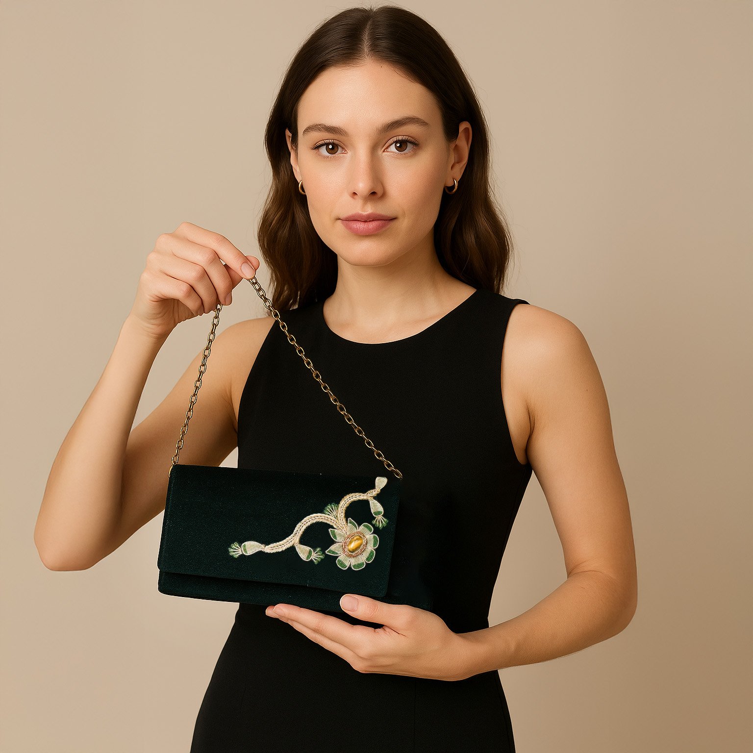 Handmade bottle green flap bag with shoulder chain