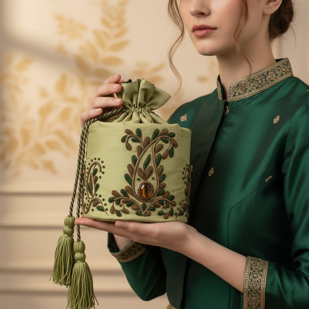 Handmade Round Wedding Favour Bag for Women, Handmade Indian Potli Bag Embellished with Gemstone Embroidery 1 Gemini Generated Image wlkz9dwlkz9dwlkz