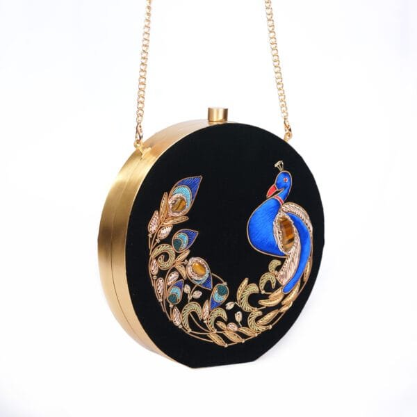 Handmade Black Peacock Velvet Zardosi Clutch