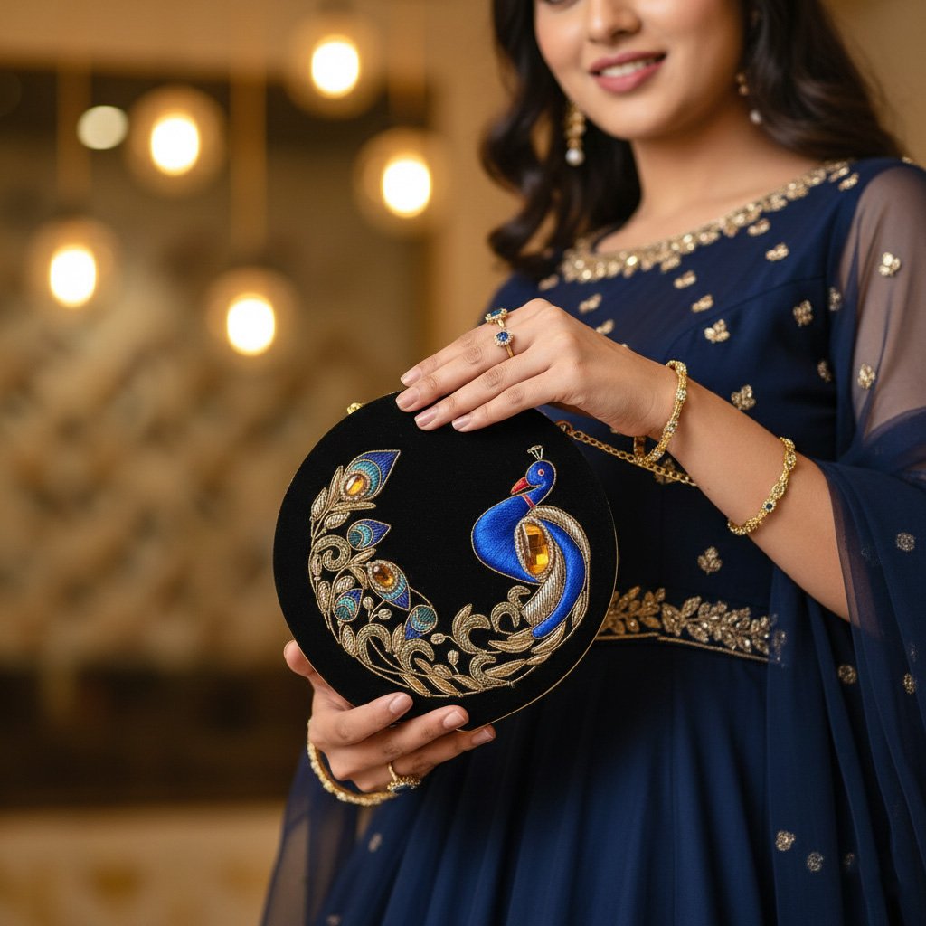 Handmade Black Peacock Velvet Zardosi Clutch 1 Gemini Generated Image lukav7lukav7luka
