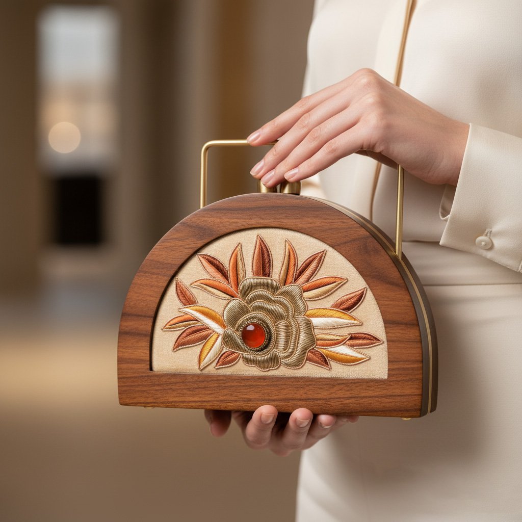 Hand-Embroidered Classic Wooden Handbag 1