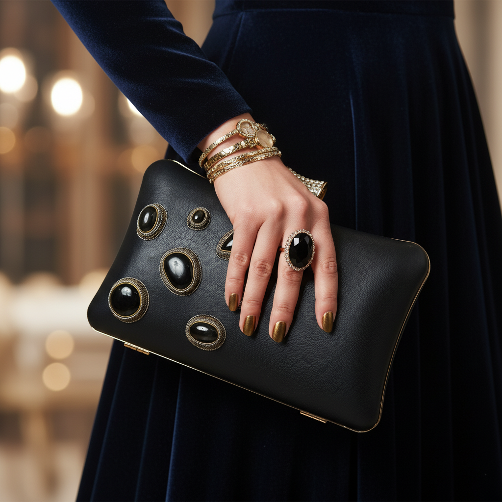 Black Rectangle Handmade Clutch Bag with Jeweled Sparkling Closure knob 1 Gemini Generated Image giphg1giphg1giph